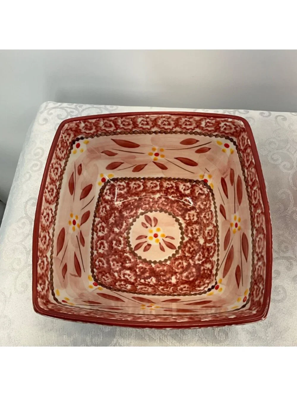 Temp-Tations Old World Square Ceramic Bowls CranberryFloral Set Of 2 Oven Safe